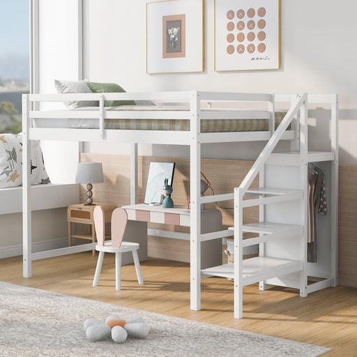Full Size Loft Bed with Built-inStorage Wardrobe and Staircase,White image