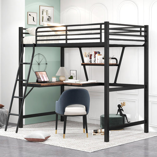 Twin Size Loft Metal&MDF Bed with Desk and Shelf, Black image