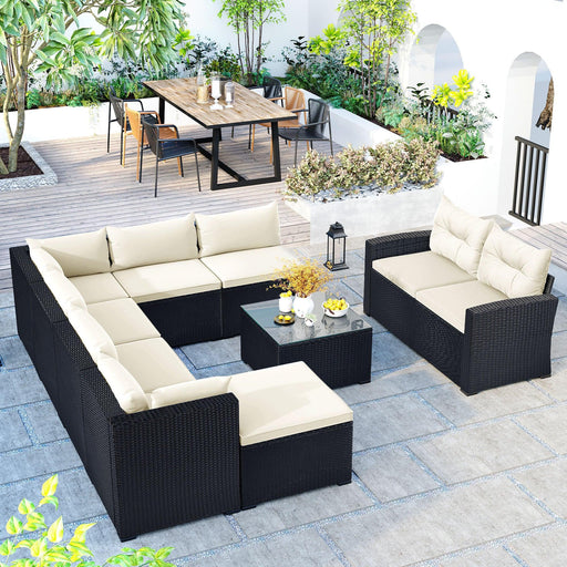 9-piece Outdoor Patio Large Wicker Sofa Set, Rattan Sofa set for Garden, Backyard,Porch and Poolside, Black wicker, Beige Cushion image