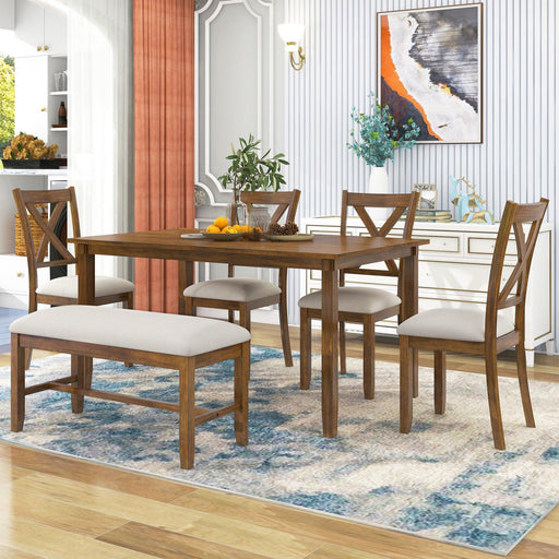 6-Piece Kitchen Dining Table Set Wooden Rectangular Dining Table, 4 Fabric Chairs and Bench Family Furniture (Natural Cherry) image