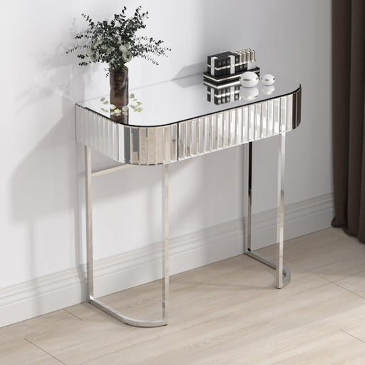 Mirrored Vanity Table, Mirrored Dressing Table, Stainless Steel Glossy Frame Desk for Bedroom Studio Office(Gray Striped Mirrored) image