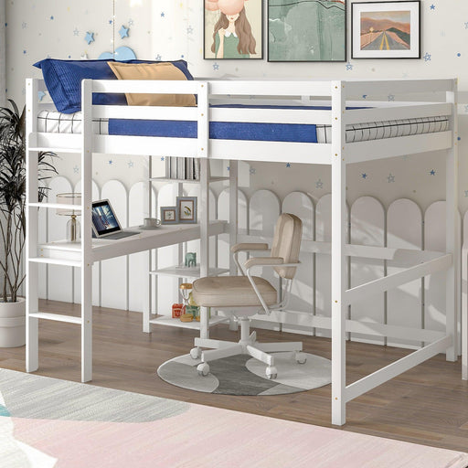 Full Loft Bed with Desk and Shelves,White image