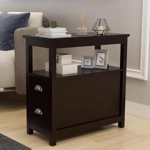 End Table Narrow Nightstand With Two Drawers And Open Shelf-Brown image