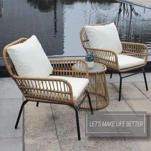 3 PCS Outdoor Patio Balcony Natural Color Wicker Chair Set with Beige Cushion and Round Tempered Glass Table(New) image