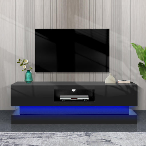 51.18inch  Black morden TV Stand with LED Lights,high glossy front TV Cabinet,can be assembled in Lounge Room, Living Room or Bedroom,color:BLACK image