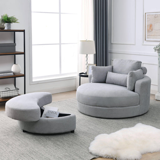 Swivel Accent BarrelModern Grey Sofa Lounge Club Big Round Chair withStorage Ottoman Linen Fabric for Living Room Hotel with Pillows image