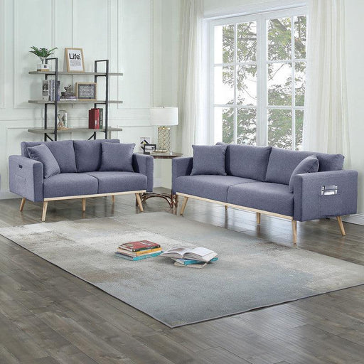 Easton Dark Gray Linen Fabric Sofa Loveseat Living Room Set with USB Charging Ports Pockets & Pillows image