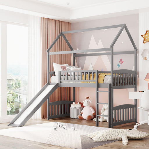 Twin Loft Bed with Slide, House Bed with Slide,White image