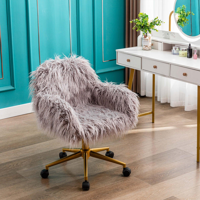 Modern Faux fur home office chair, fluffy chair for girls, makeup vanity Chair with Gold Plating Base image