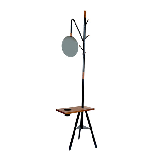 84 Inch Metal Coat Rack, Built In Mirror and Acacia Wood Accessory Table, Brown, Black image