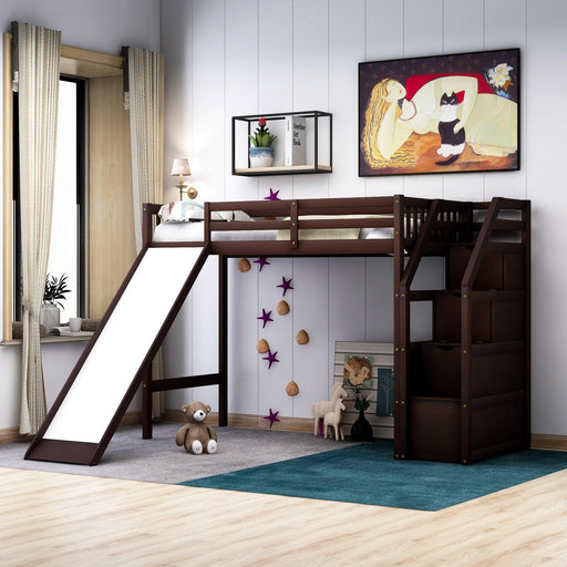 Twin Size Loft Bed withStorage and Slide, Espresso image