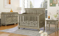 4 Pieces Nursery Sets Traditional Farmhouse Style 4-in-1 Convertible Crib + Nightstand + Dresser with Changing Topper, Stone Gray image