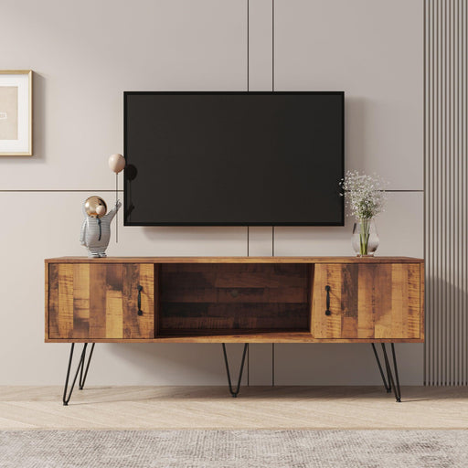 TV Media Stand, 60 inch Wide ,Modern Industrial, Living Room Entertainment Center,Storage Shelves and Cabinets, for Flat Screen TVs up to 65 inches in Natural image