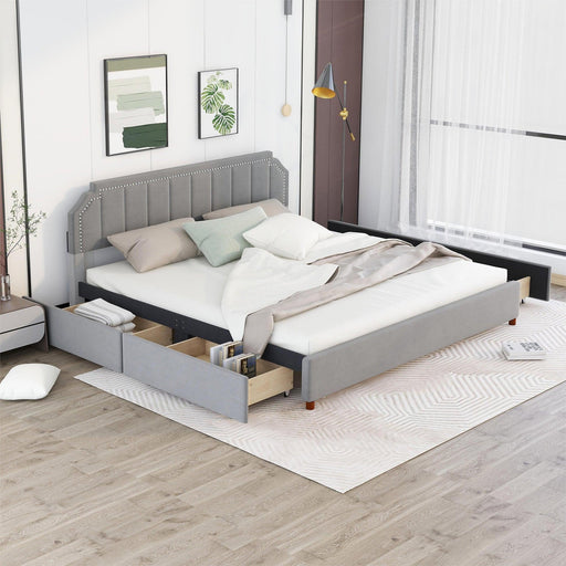 King Size Upholstery Platform Bed with FourStorage Drawers,Support Legs,Grey image