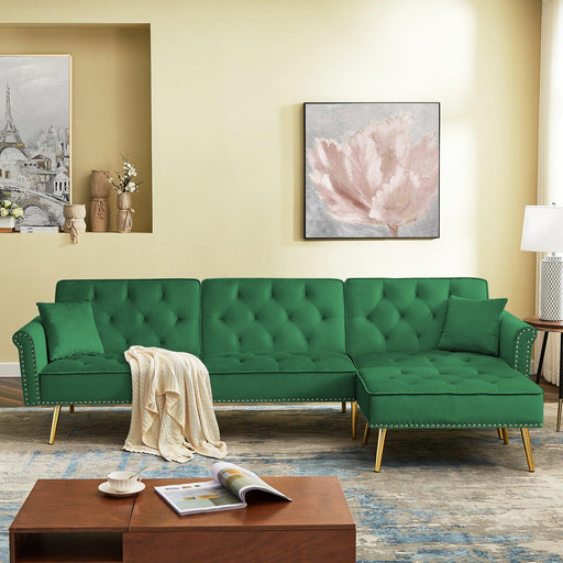 Modern Velvet Upholstered Reversible Sectional Sofa Bed , L-Shaped Couch with Movable Ottoman and Nailhead Trim For Living Room. (Green) image