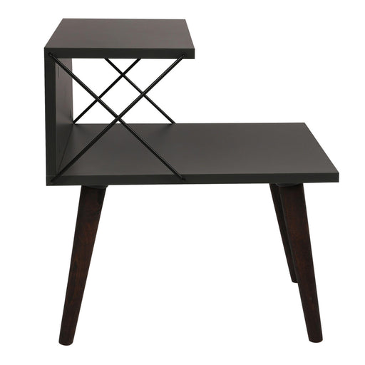 22 Inch Rectangular 2 Tier Wood  Nightstand Side Table, Crossed Metal Bar Frame, Angled Legs, Charcoal Gray, Brown image