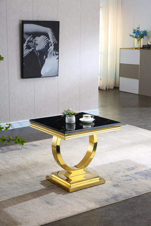 Modern Square Black Marble End Table, 0.71" Thick Marble Top, U-Shape Stainless Steel Base with Gold Mirrored Finish image