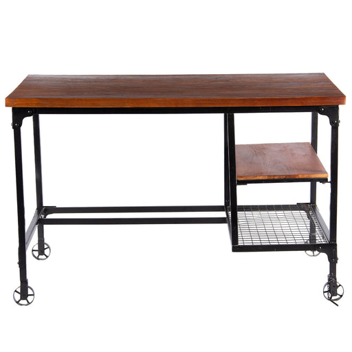 Industrial Style Wood and Metal Desk with Two Bottom Shelves, Brown and Black image