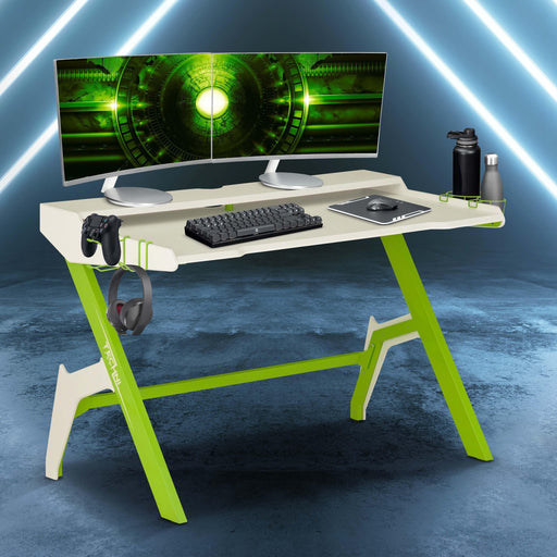 Techni Sport Ergonomic Computer Gaming  Desk Workstation with Cupholder & Headphone Hook, Green image