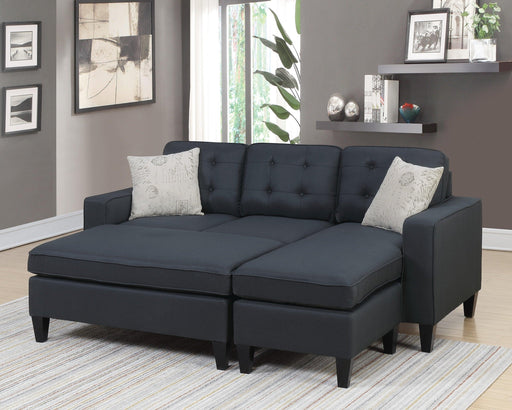 Reversible 3pc Sectional Sofa Set Black Tufted Polyfiber Wood Legs Chaise Sofa Ottoman Pillows Cushion Couch image