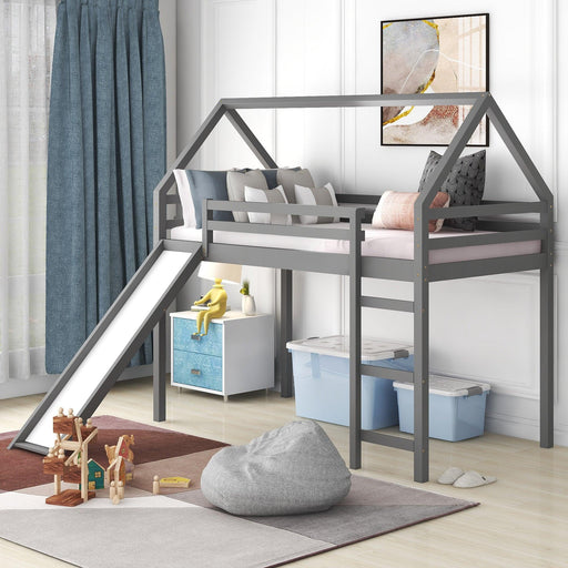 Twin Size Loft Bed with Slide, House Bed with Slide,Gray image
