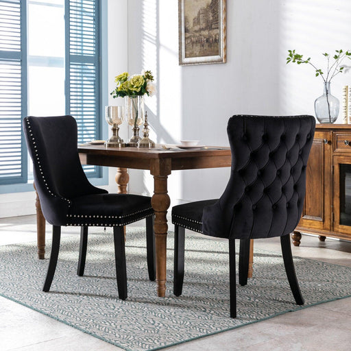 Cream Upholstered Wing-Back Dining Chair with Backstitching Nailhead Trim and Solid Wood Legs,Set of 2, Black image