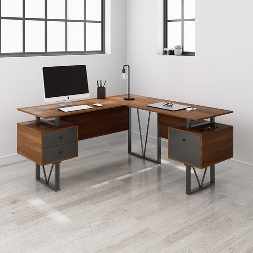 Techni Mobili Reversible L-Shape Computer Desk with Drawers and File Cabinet, Walnut image