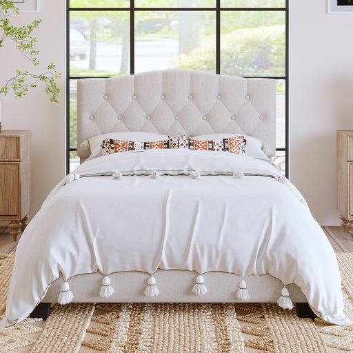 Upholstered Platform Bed with Saddle Curved Headboard and Diamond Tufted Details, Full, Beige image