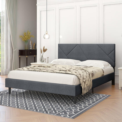 Queen Size Linen Dark Grey Sqaure Upholstered Platform Bed With Slat Support. image