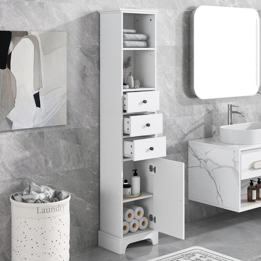 White Tall Bathroom Cabinet, FreestandingStorage Cabinet with 3 Drawers and Adjustable Shelf, MDF Board with Painted Finish image