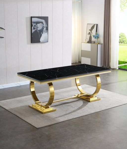 Modern Rectangular Black Marble Dining Table, 0.71" Thick Marble Top, Double U-Shape Stainless Steel Base with Gold Mirrored Finish image