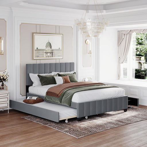 Queen Size Velvet Upholstered Platform Bed with 2 Drawers and 1 Twin XL Trundle- Gray image