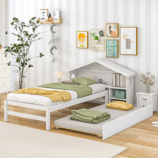 TwinStorage House Bed for kids with Bedside Table, Trundle, White image