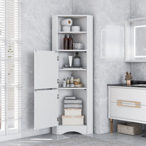 Tall Bathroom Corner Cabinet, FreestandingStorage Cabinet with Doors and Adjustable Shelves, MDF Board, White image