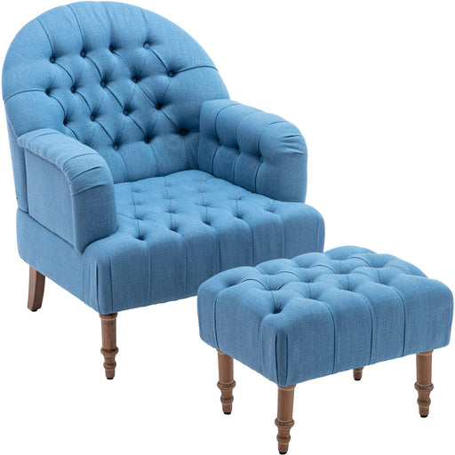 Accent Chair,Button-Tufted Upholstered Chair Set ,Mid CenturyModern Chair with Linen Fabric and Ottoman for Living Room Bedroom Office Lounge,Blue image