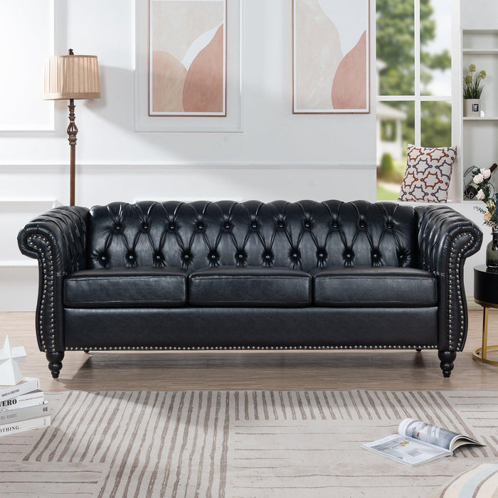 84.65" BLACK PU Rolled Arm Chesterfield Three Seater Sofa. image