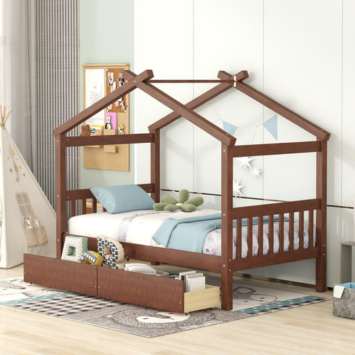 Twin Size Wooden House Bed with Drawers, Walnut image