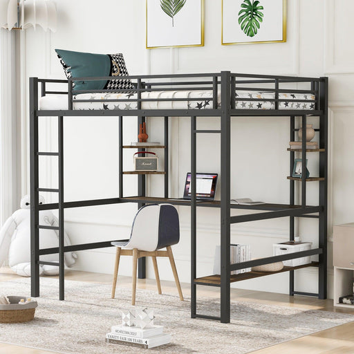 Full Size Loft Metal&MDF Bed with Long Desk and Shelves,Black image