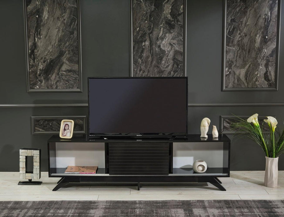 Luxia Mid CenturyModern Tv Stand 2 Sliding Door Cabinet 2 Shelves 67 inch Tv Unit, Black image