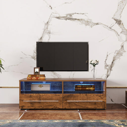 The walnut color TV cabinet has two drawers with color-changing light strips image