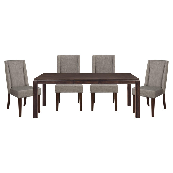 Contemporary Dark Brown 5pc Dining set Table with Extension Leaf and 4x Upholstered Side ChairsModern Dining Room Furniture image