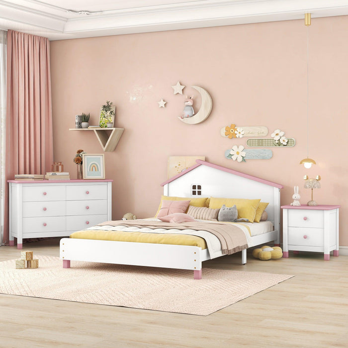 3-Pieces Bedroom Sets Full Size Platform Bed with Nightstand andStorage dresser,White+Pink image