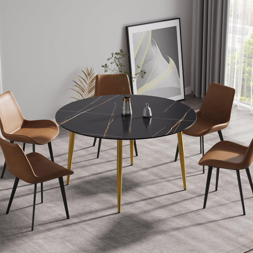53.15 "Modern artificial stone black round dining table with golden metal legs-can accommodate 6 people. image