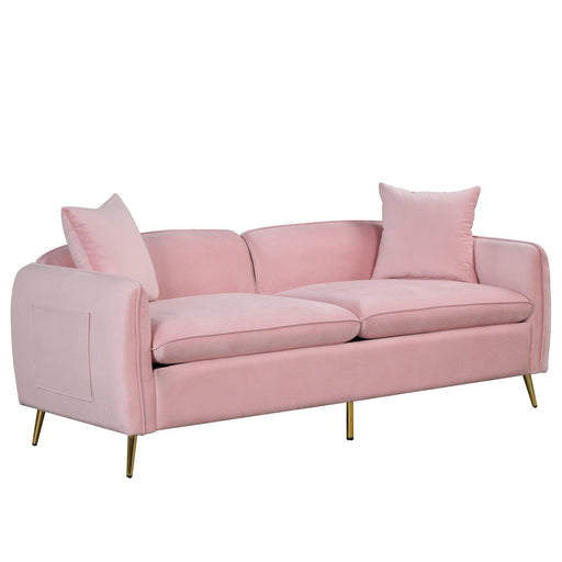 77.5" Velvet Upholstered Sofa with Armrest Pockets,3-Seat Couch with 2 Pillows and lden Metal Legs for Living Room,Apartment,Home Office,Pink image