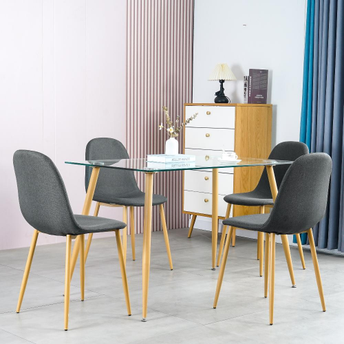 Dining Table SetModern 5 Pieces Dining Room Set Mid Century Tempered Glass Kitchen Table and 4 Deep GreyModern Fabric Chairs with wood-transfer Metal Legs image