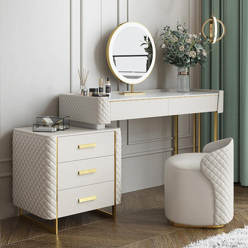Luxury Makeup Vanity Set with LED Lighted Mirror, Side Cabinet and 5 Drawers,Modern Sintered Stone Dressing Table with Stool, 39.5", White image