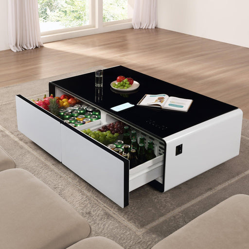 Modern Smart Coffee Table with Built-in Fridge, Bluetooth Speaker, Wireless Charging Module, Touch Control Panel, Power Socket, USB Interface, Outlet Protection, Atmosphere light, and More image