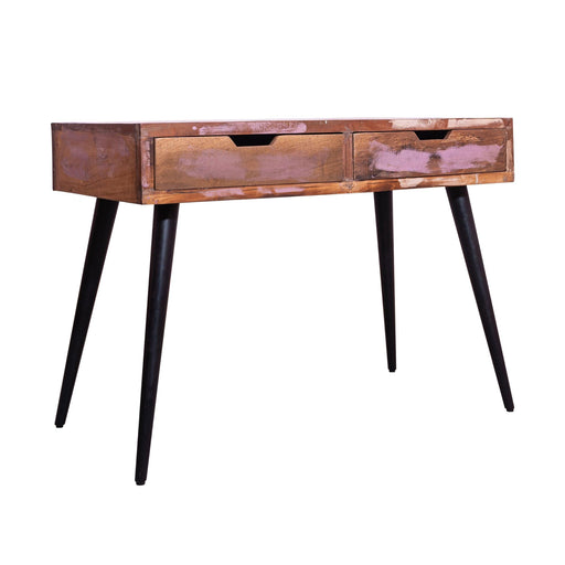 43 Inch 2 Drawer Reclaimed Wood Console Table, Angled Legs, Multi Tone Pastel Accent, Brown, Black image