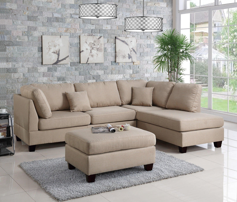 Sand Color 3pcs Sectional Living Room Furniture Reversible Chaise Sofa And Ottoman Polyfiber Linen Like Fabric Cushion Couch image