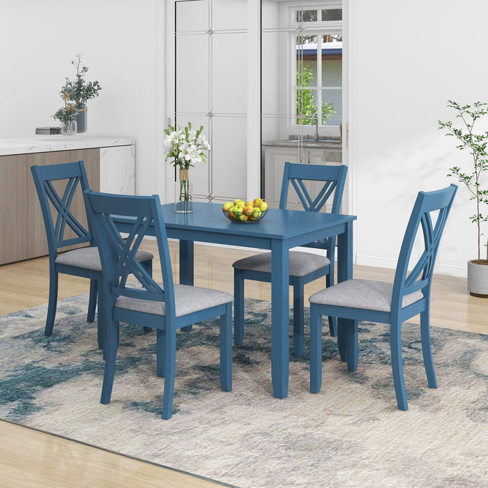 Rustic Minimalist Wood 5-Piece Dining Table Set with 4 X-Back Chairs for Small Places, Blue image